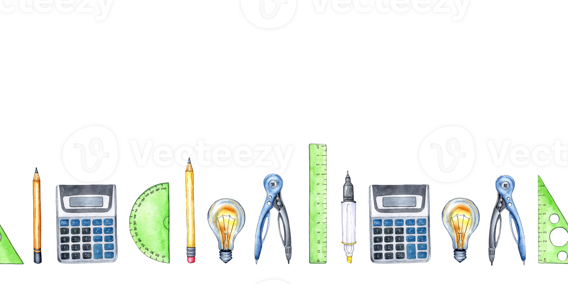 Watercolor horizontal seamless pattern of office, school items calculator, pen, ruler, pencil, compass, light bulb. Back to school. Isolated . drawn by hand. png