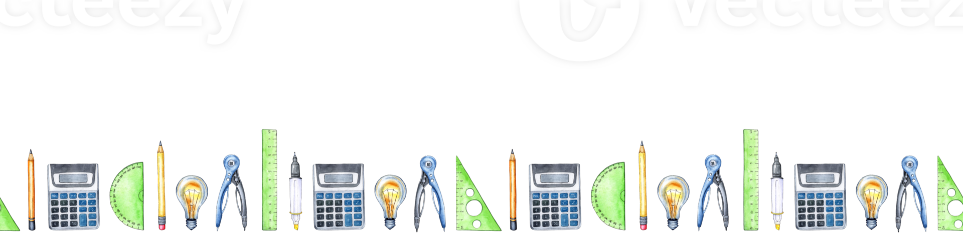 Watercolor horizontal seamless pattern of office, school items calculator, pen, ruler, pencil, compass, light bulb. Back to school. Isolated . drawn by hand. png