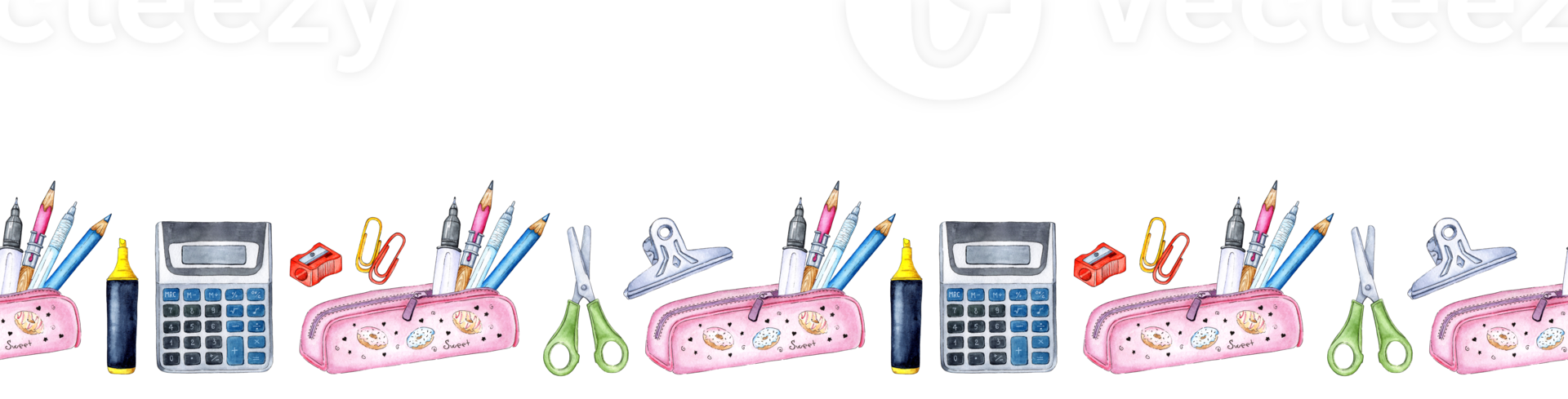 Watercolor horizontal seamless pattern of office, school supplies pencil case, pens, pencils, scissors, calculator, highlighter, metal clip. Back to school. Isolated . drawn by hand. png