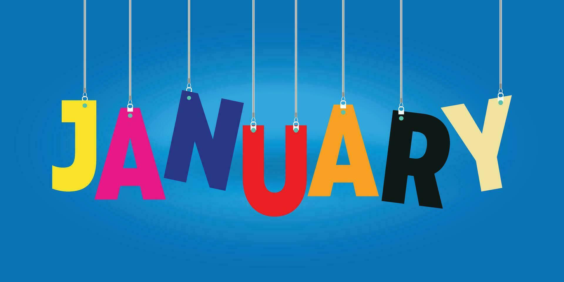 JANUARY colorful words hanging on the ropes on background vector 3d illustration.