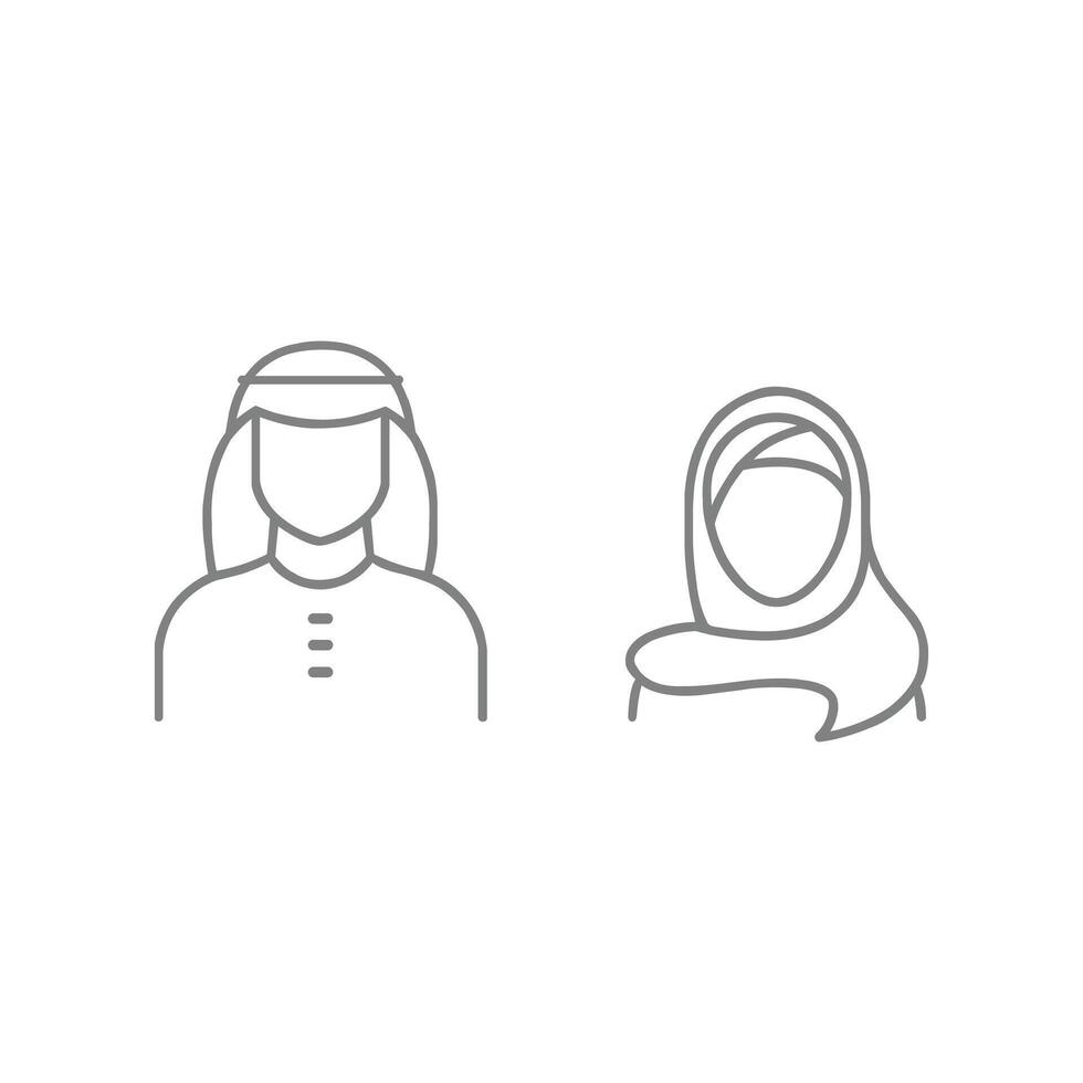 grey Saudi People line art icon. Man and Woman in traditional Muslim shemakh head scarf isolated on white background. Arab couple outline shape. Vector illustration editable stroke