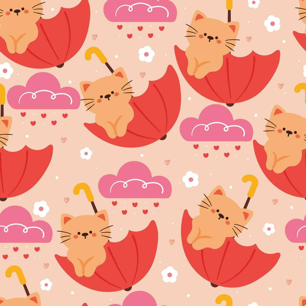seamless pattern cartoon cat playing with umbrella. cute animal wallpaper with sky element, umbrella vector