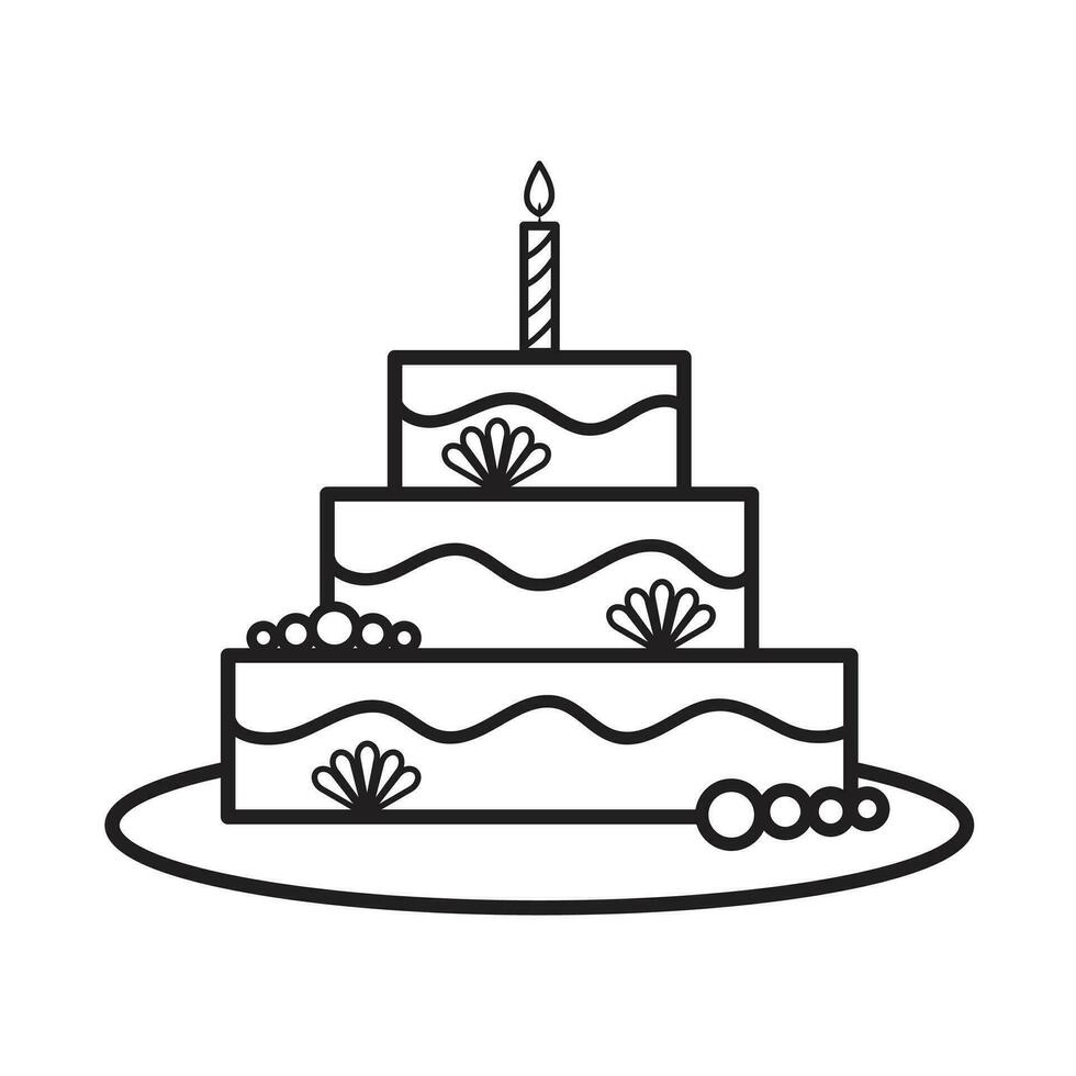 Birthday cake with three stacks, one candle, pearl and flower decoration vector icon outline isolated on square white background. Simple flat monochrome minimalist cartoon art styled drawing.