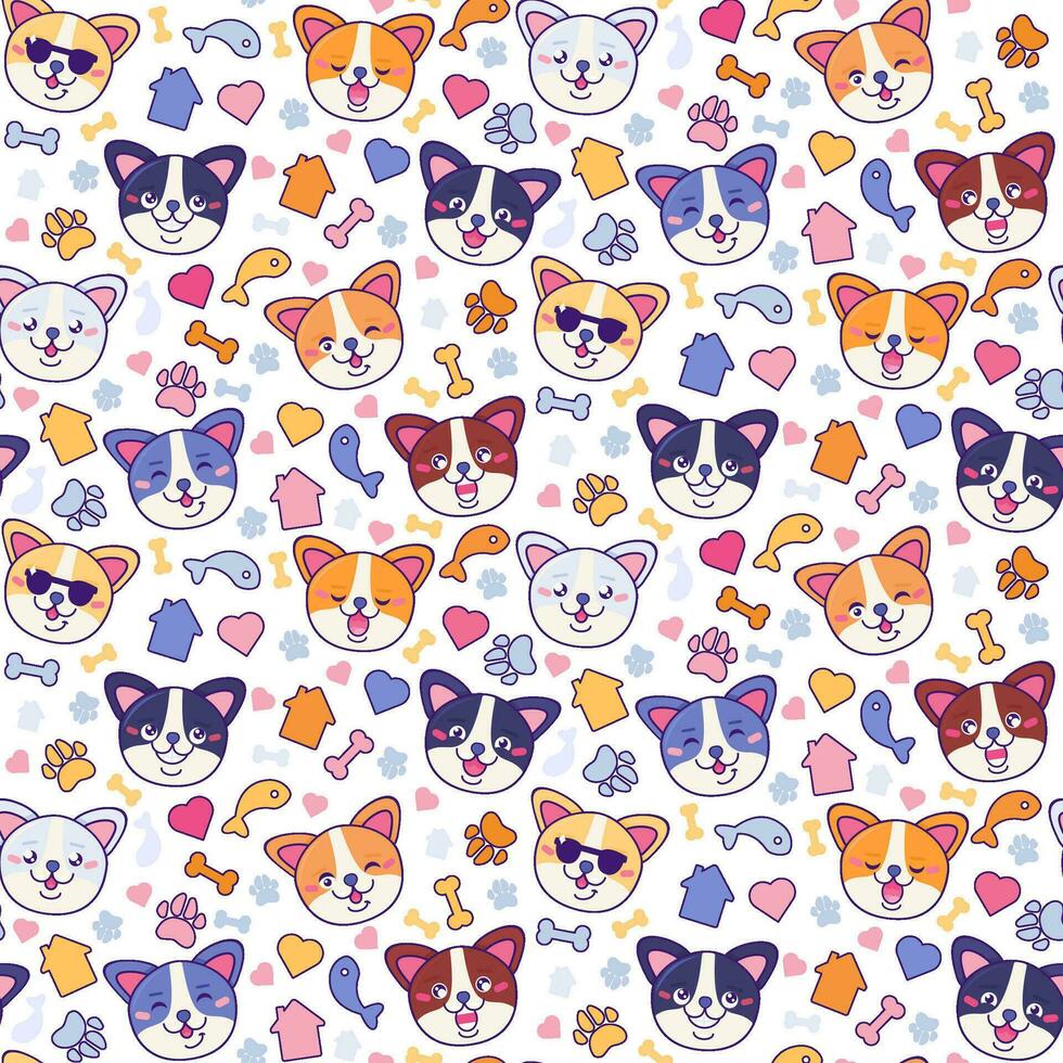 Funny Dog Pets Muzzles and Food Seamless Pattern vector