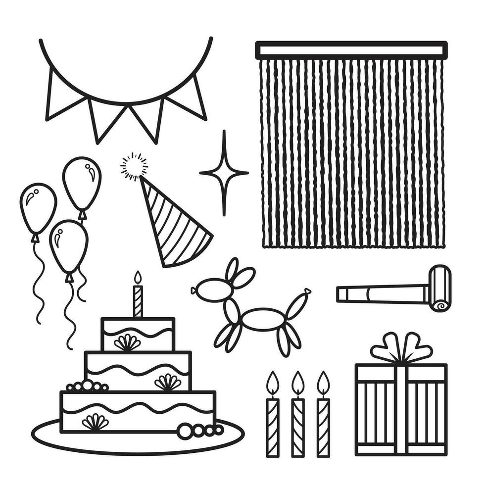 9 birthday themed vector icons set collection with black outlines isolated on white background. Simple flat minimalist cartoon art styled drawing. Festive or carnival themed art.