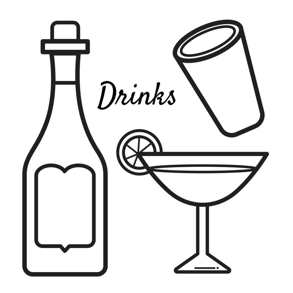 Wine bottle, cocktail glass with lemon slice attached, and simple glass vector icon set illustration. Simple flat monochrome minimalist cartoon art styled drawing.