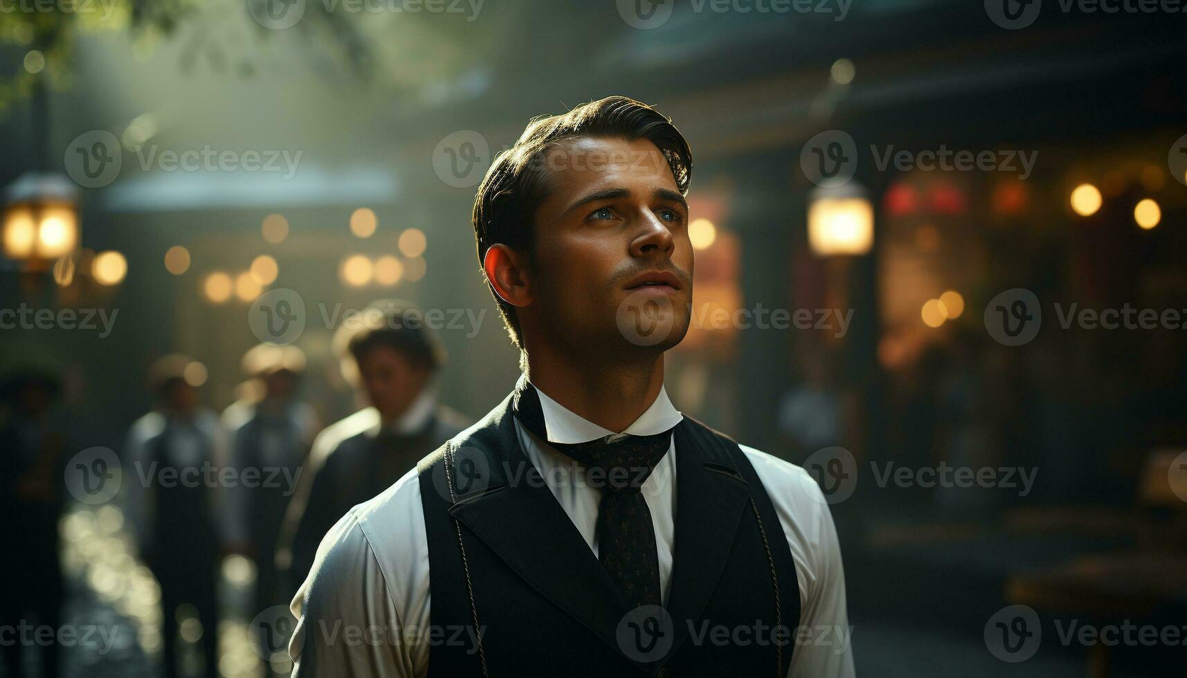 AI generated Smiling man, illuminated city, confident, enjoying nightlife, looking at camera generated by AI photo