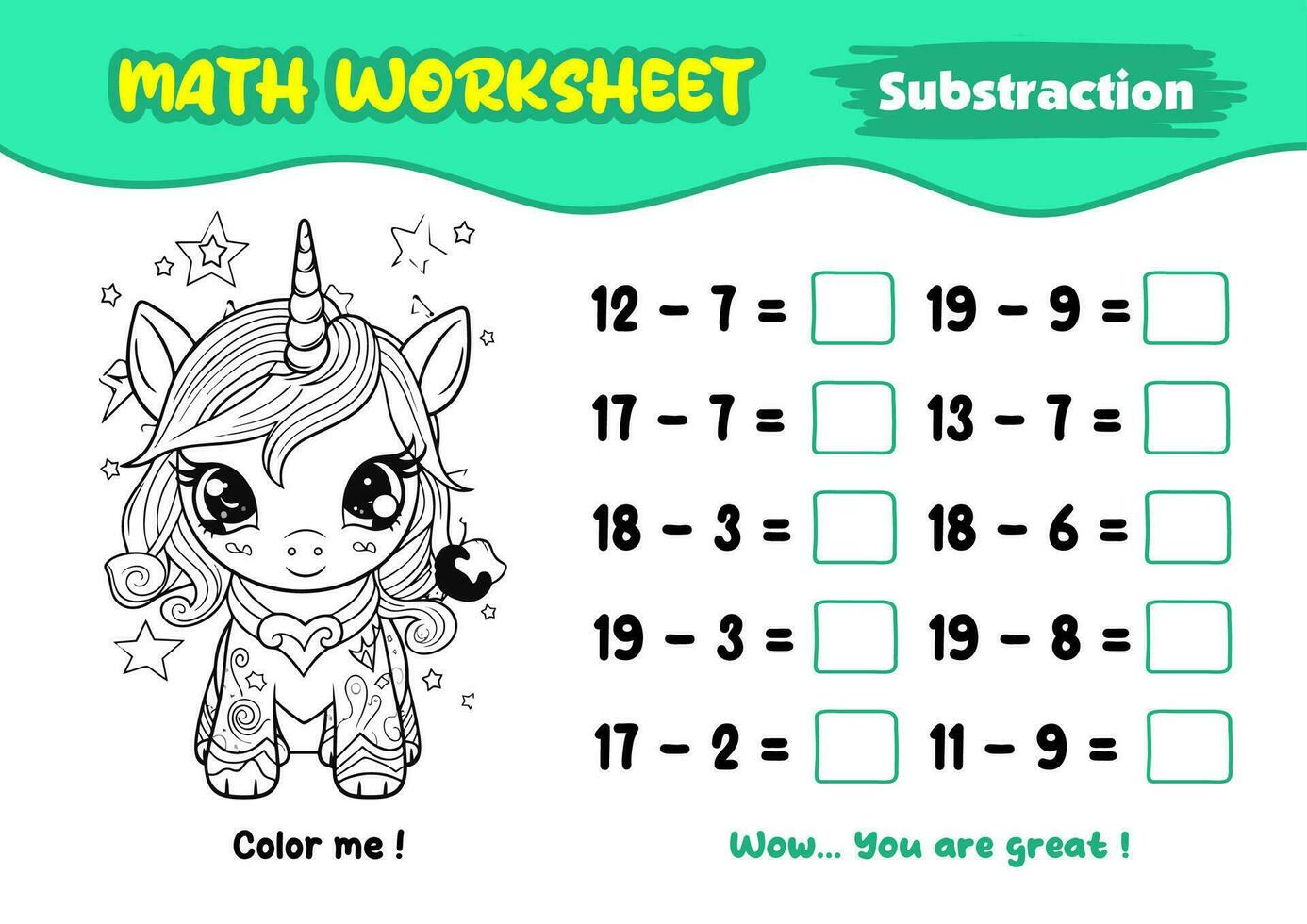 math worksheets for early childhood with interesting coloring pictures vector