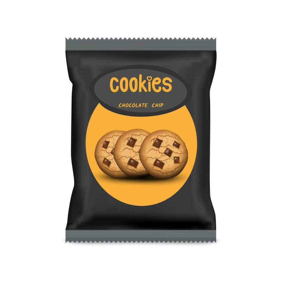 Design packaging template for chocolate chip cookies snack. Vector illustration EPS 10.