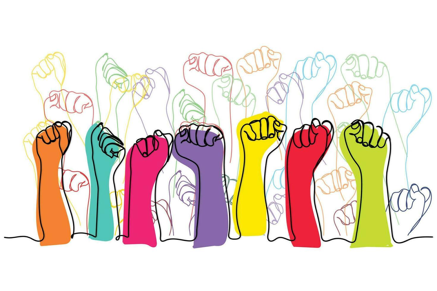 Row of man hands showing clenched fist gesture. Victory or protest group of signs vector