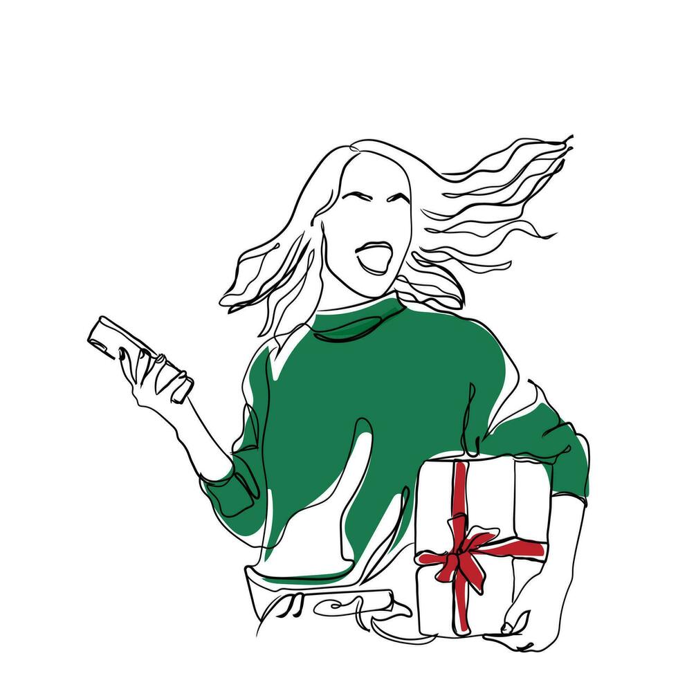 vector of Beautiful excited girl screaming while posing with gift