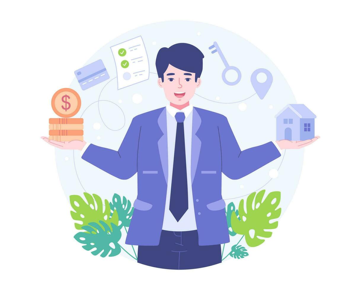 Qualified and reliable real estate agent guarantees property buying. Realtor helps in house searching and mortgage contracts. Vector illustration