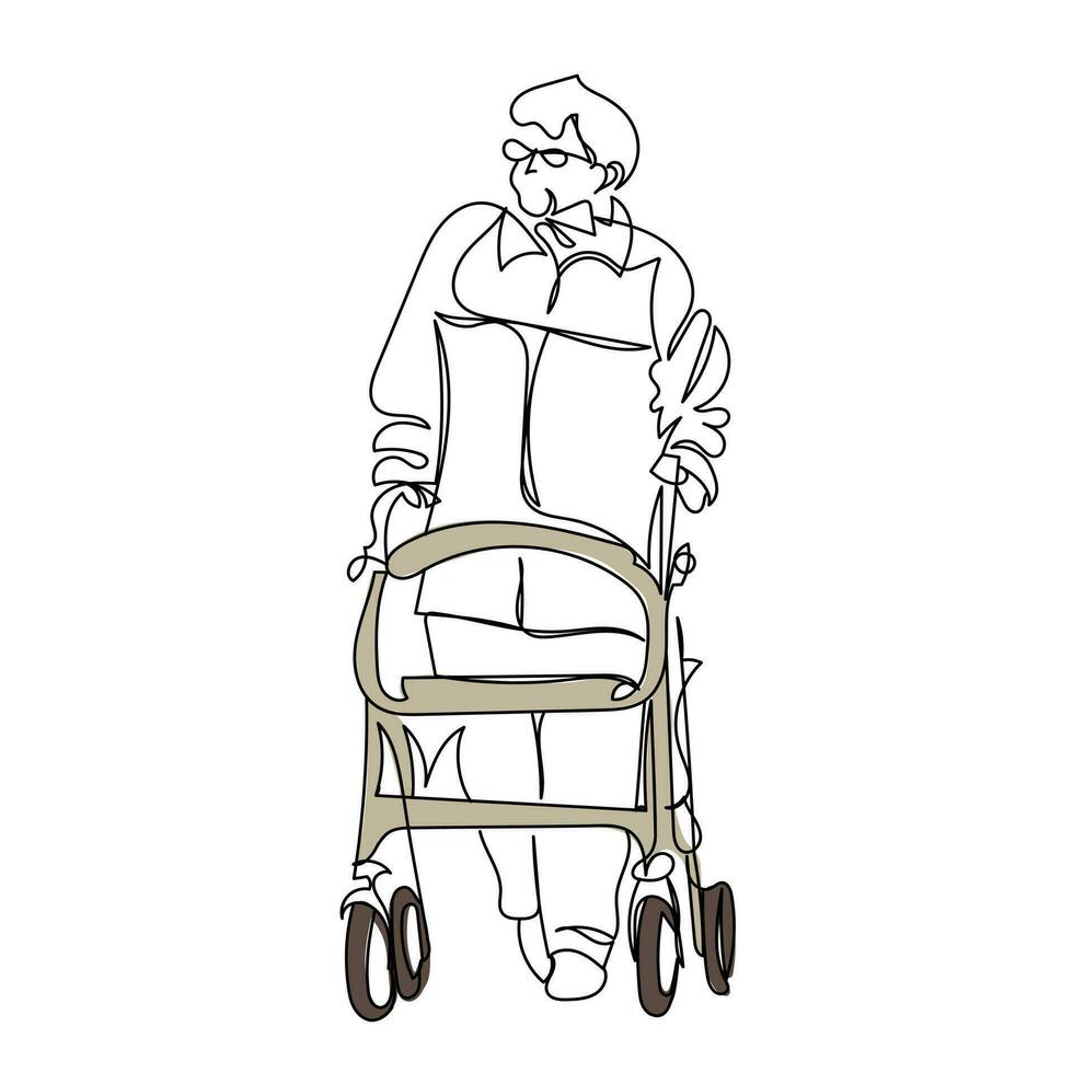 Happy senior handicapped lady with a walking disability enjoying a walk vector