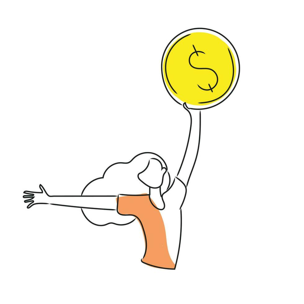 Line art icon of girl holding a coin and seems happy. vector