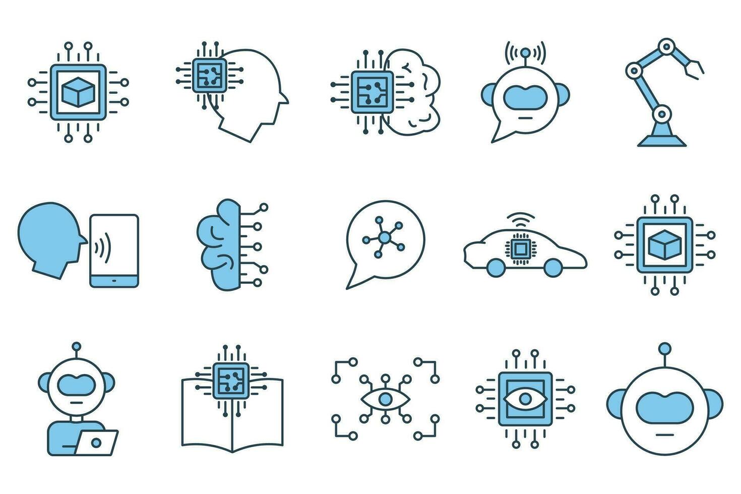 artificial intelligence icon set. robot head, brain ai, robot arm, computer vision, big data, ai assistant, deep learning, etc. flat line icon style design. simple vector design editable