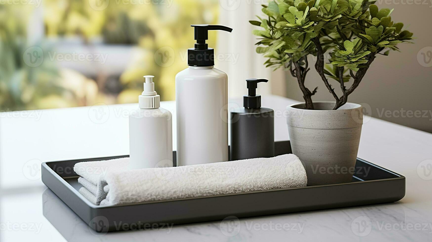 A personal care set product containers pump bottle with blank label and toothbrush and cup in a modern black tray beside white clean towel and aroma plants on white background. photo