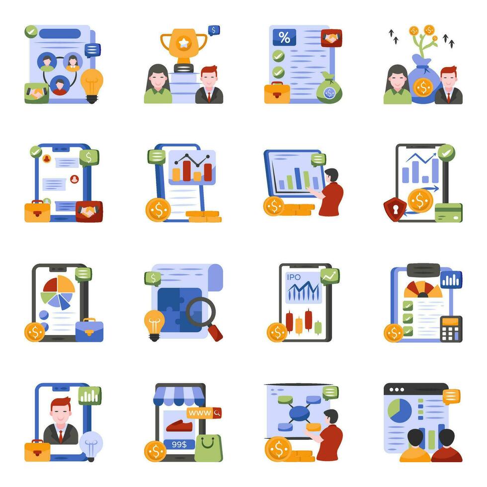 paquete de iconos planos de gestión y negocios vector