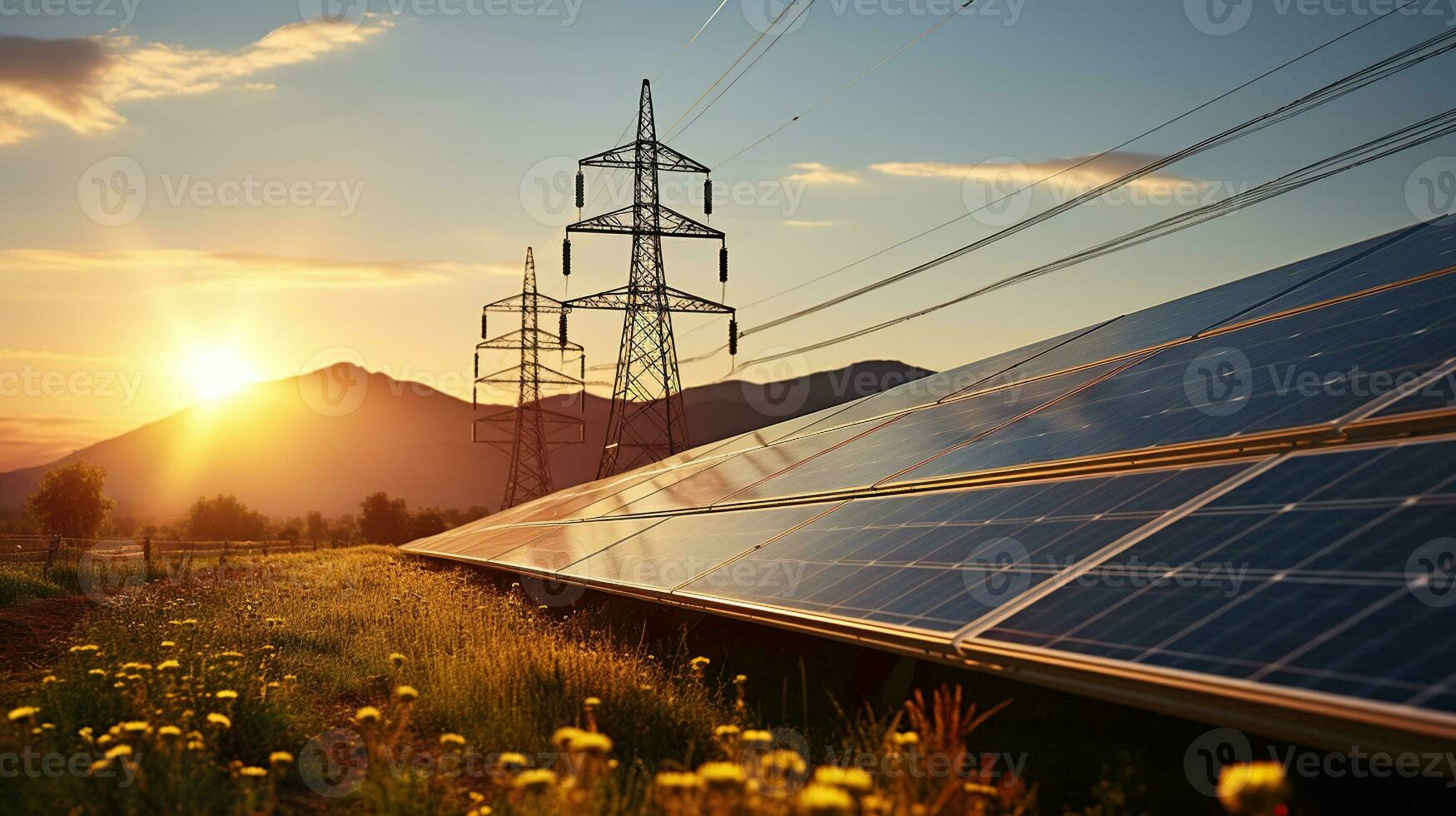 Solar panels and pylon high voltage. Generative AI photo