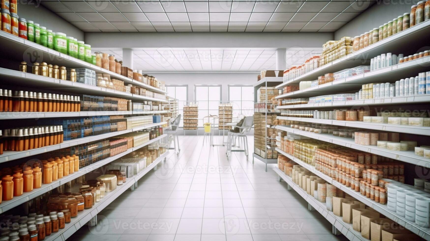 Long and bright supermarket aisle showcasing a wide selection of products. Generative AI photo