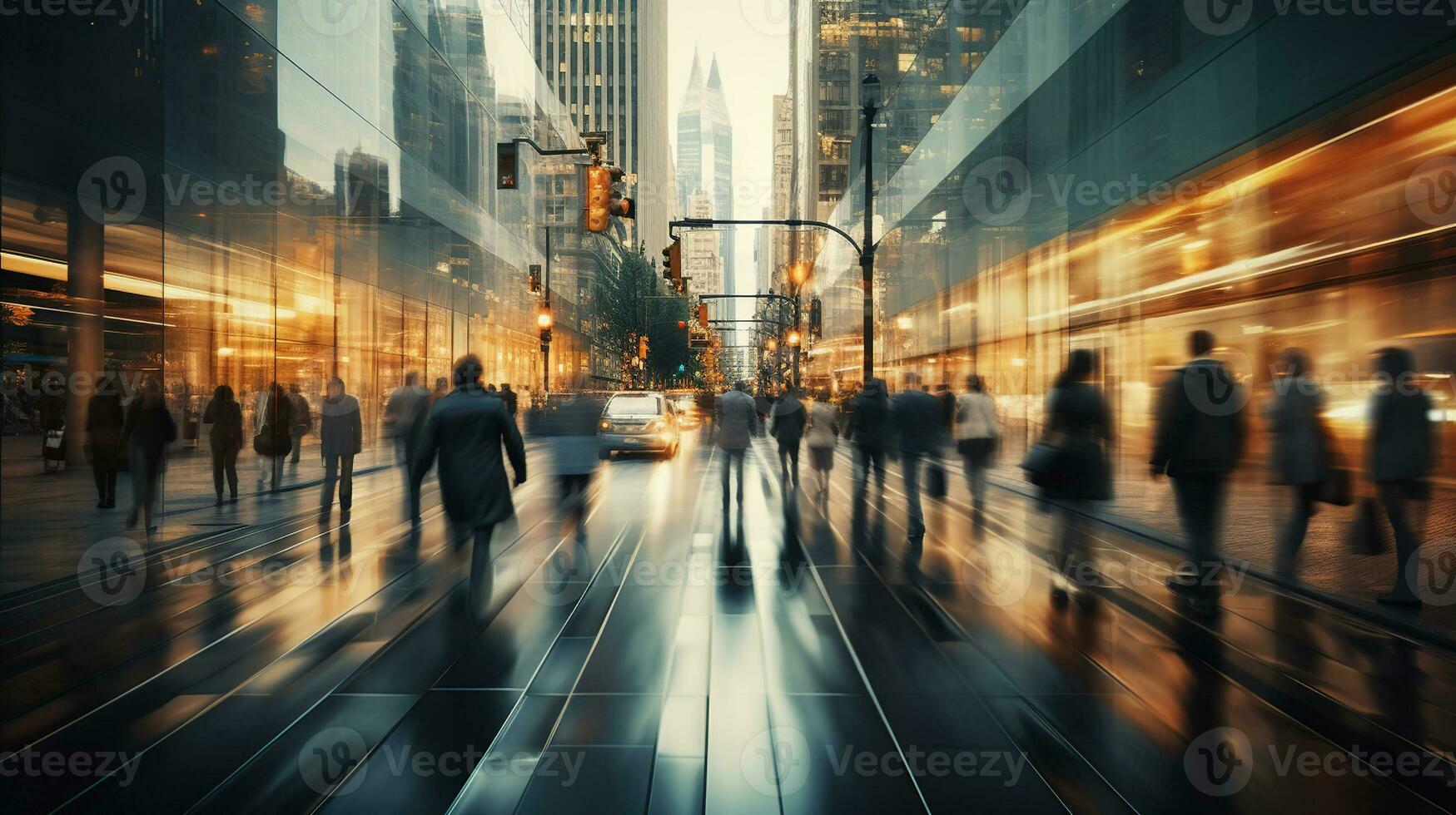 Blurred busy street scene with crowds of people. Abstract business background. Generative AI photo