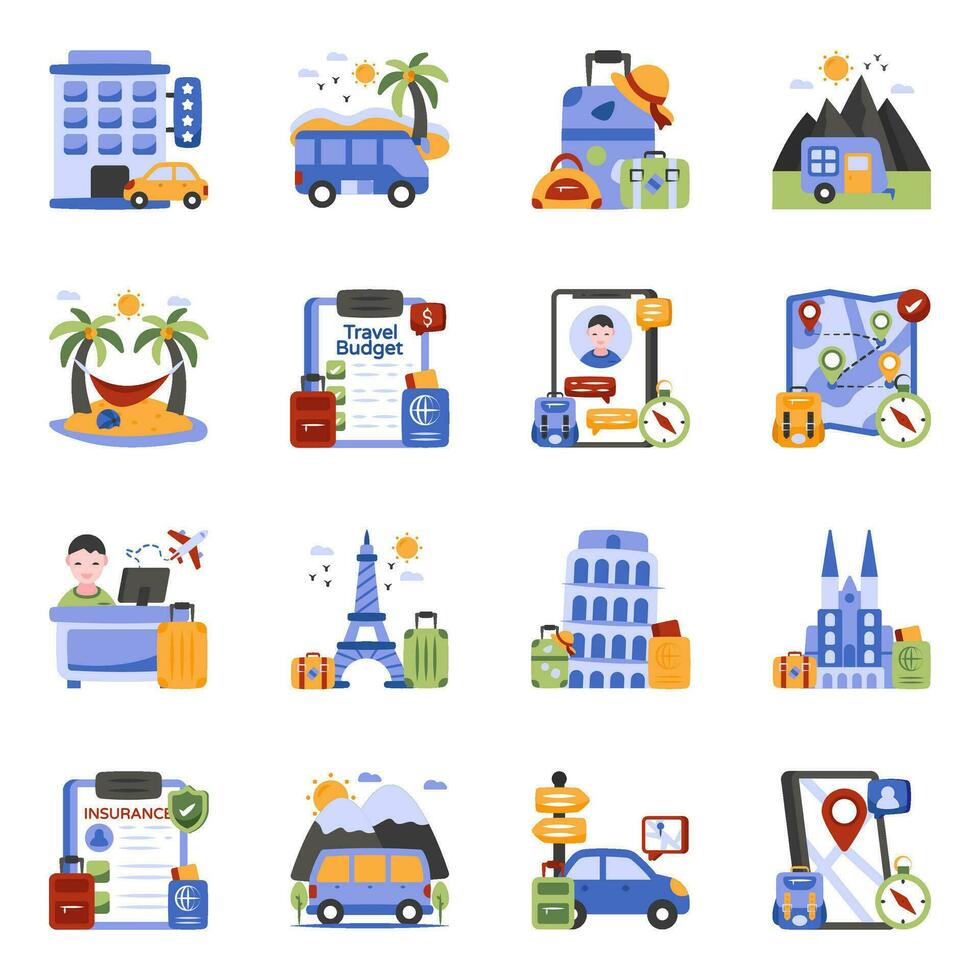 paquete de iconos planos de tour vector