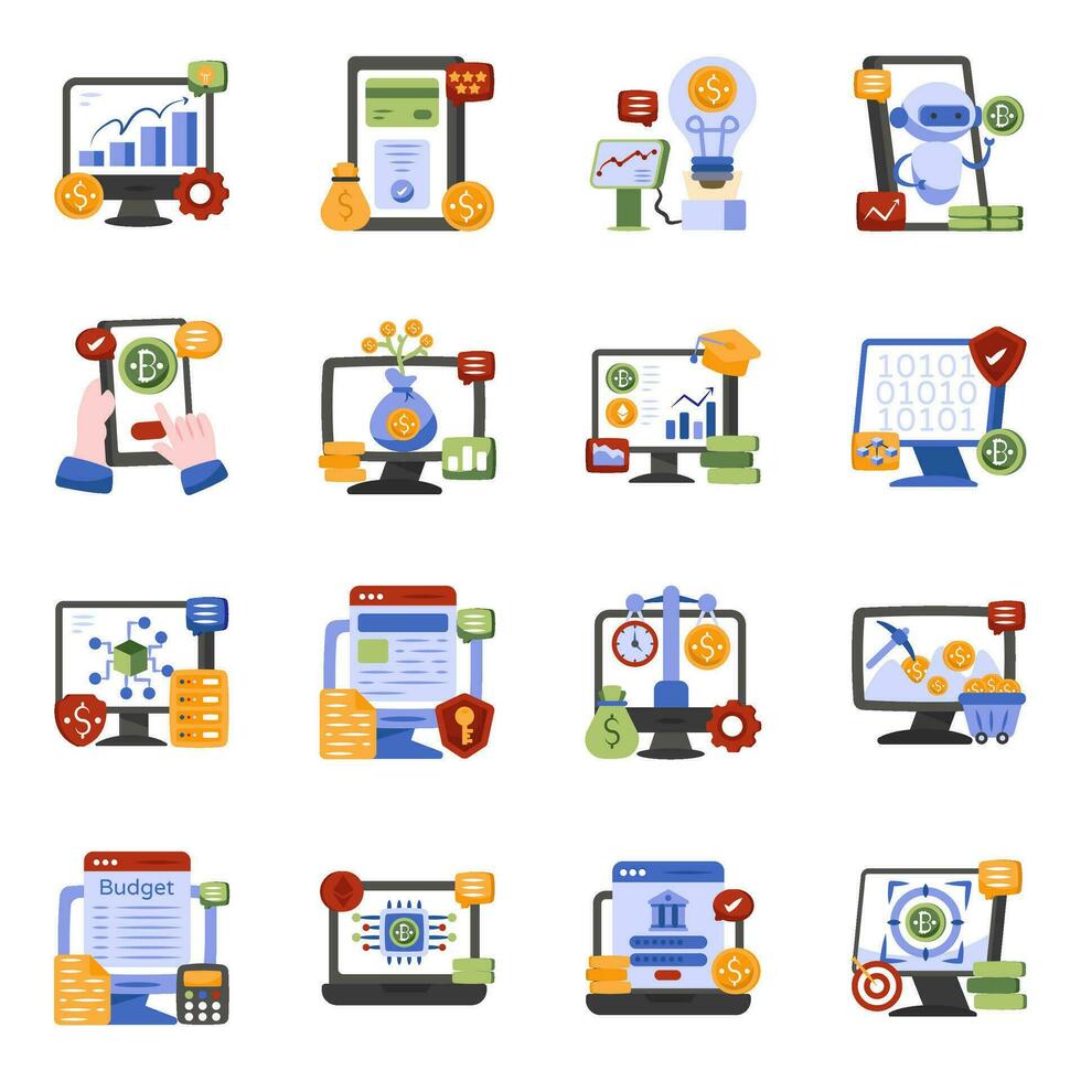 Pack of Bitcoin and Finance Flat Icons vector