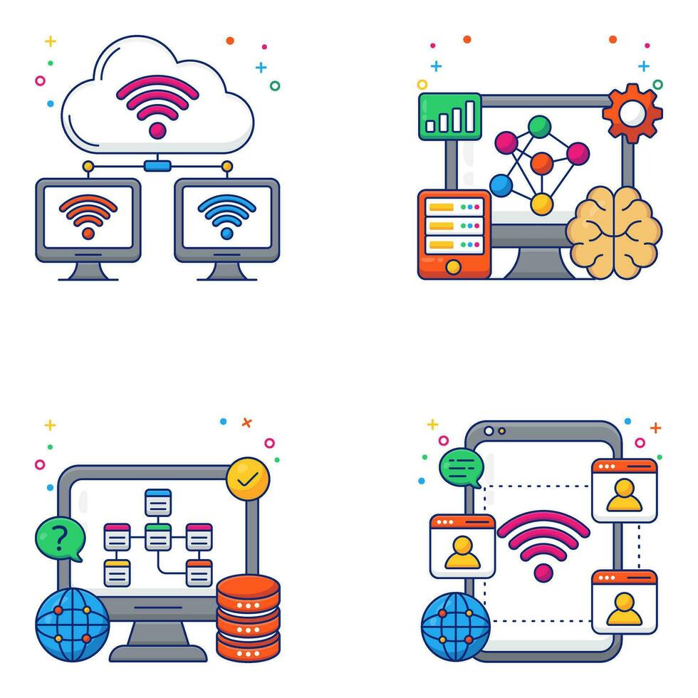 Pack of Network and Security Flat Icons vector
