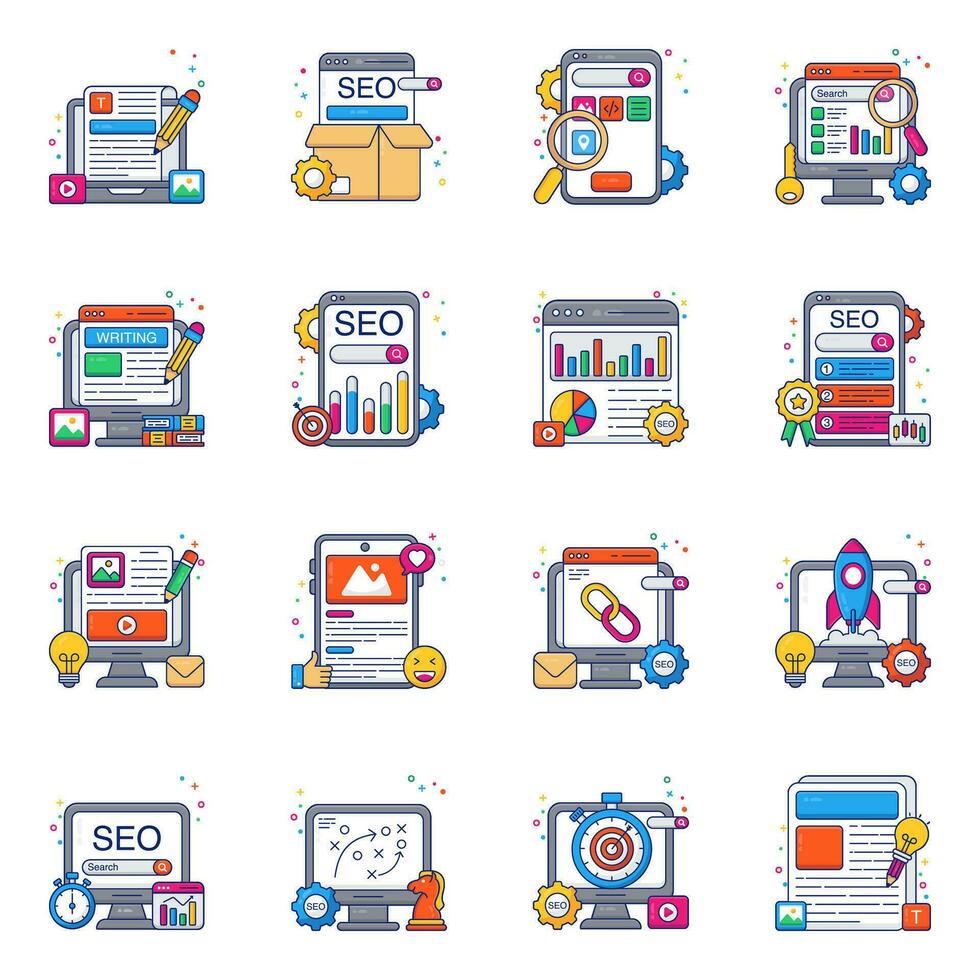 Pack of Seo Writing Flat Icons vector