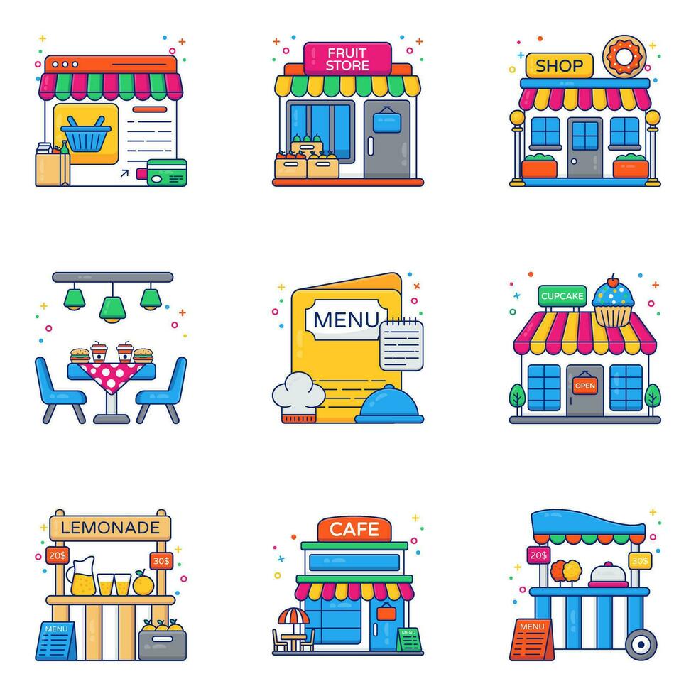 paquete de tienda y Tienda plano íconos vector