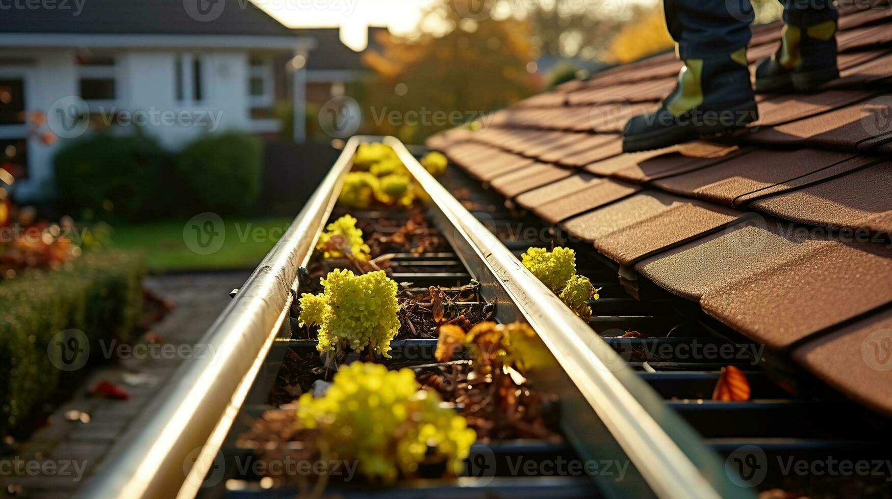 Cleansing a Clogged Roof Gutter to Banish Dirt, Debris, and Fallen Leaves, Generative AI photo