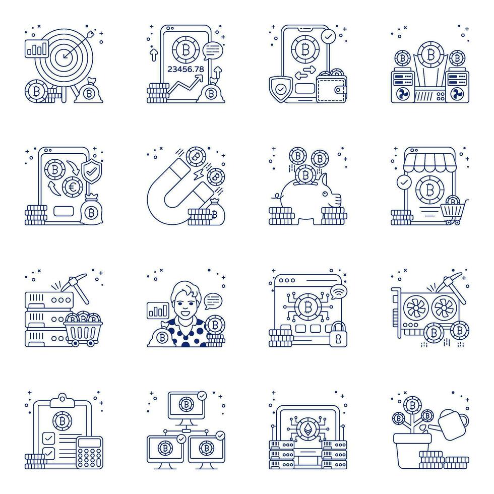 conjunto de bitcoin lineal íconos vector