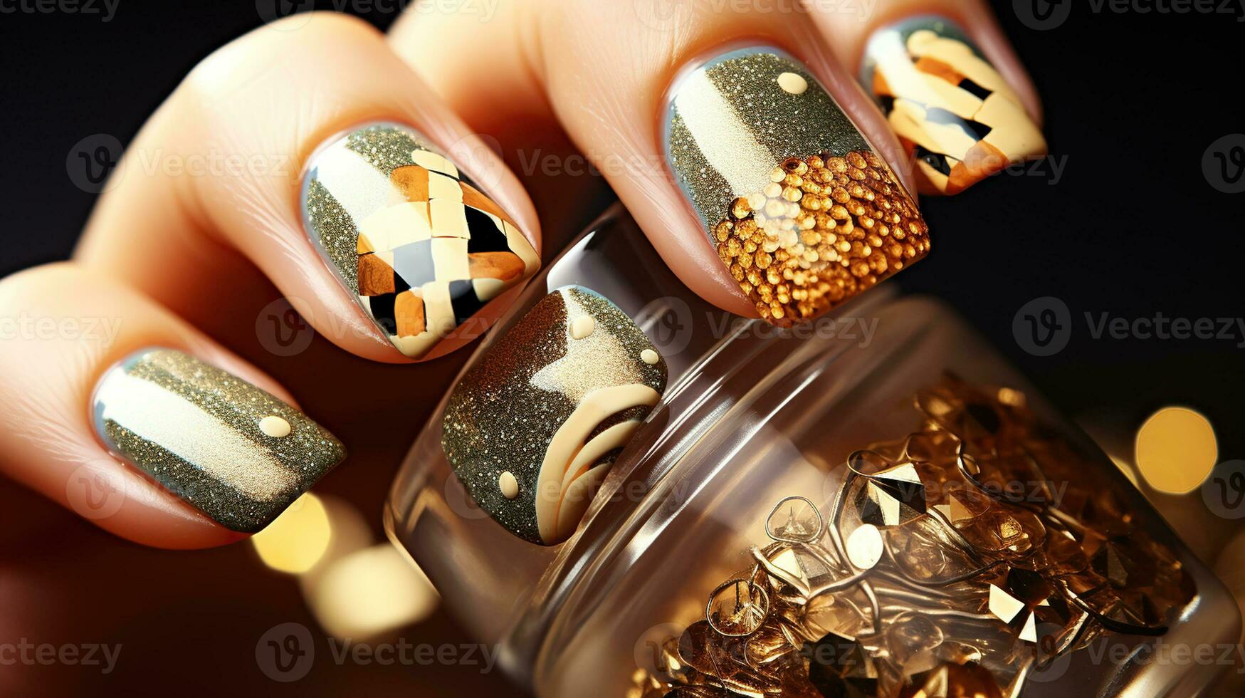 Gilded Glamour, Festive Holiday Manicure with Sparkling Gem Accents. Generative AI photo