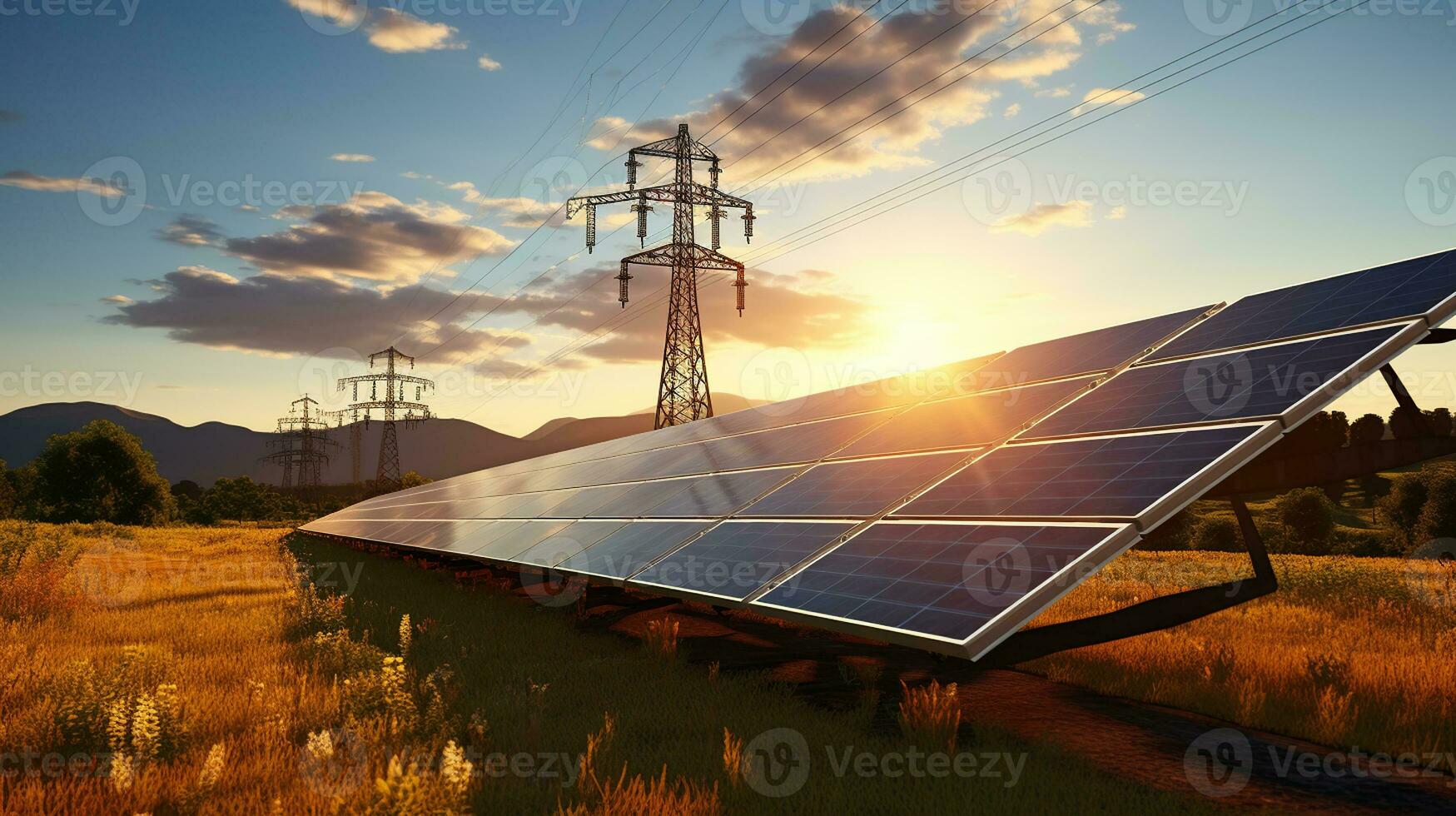 Solar panels and pylon high voltage. Generative AI photo