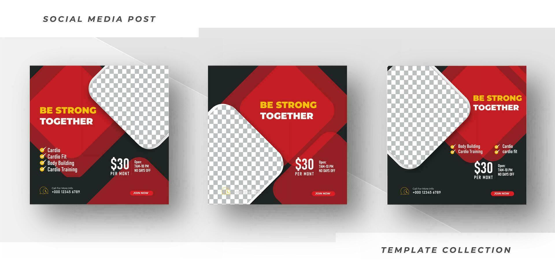 Be Strong together template gym, Workout, fitness and Sports social media post banner, fitness gym social media post banner design. vector