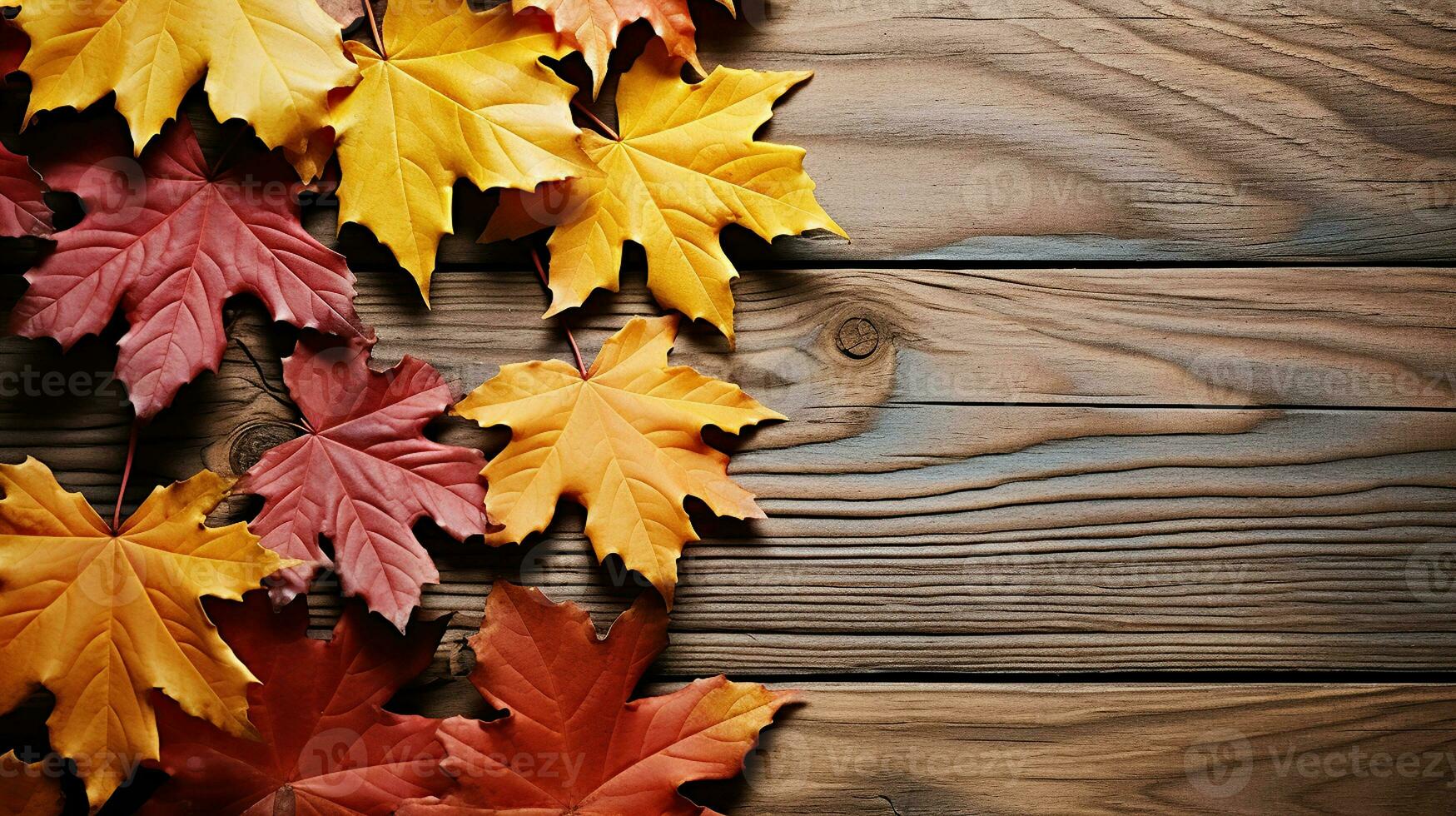 Autumn Leaves over wooden background.With copy space. Generative AI photo