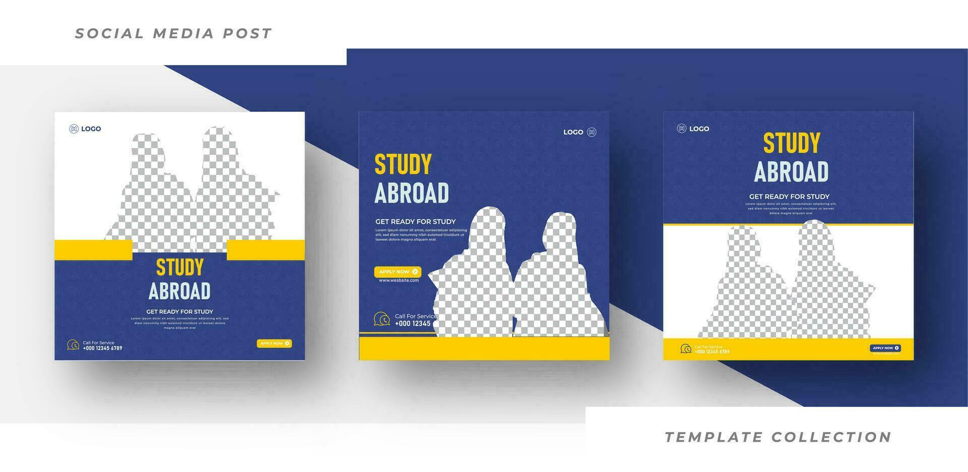 Study abroad promotion template design, School admission social media post banner design squares background education. Pro Vector