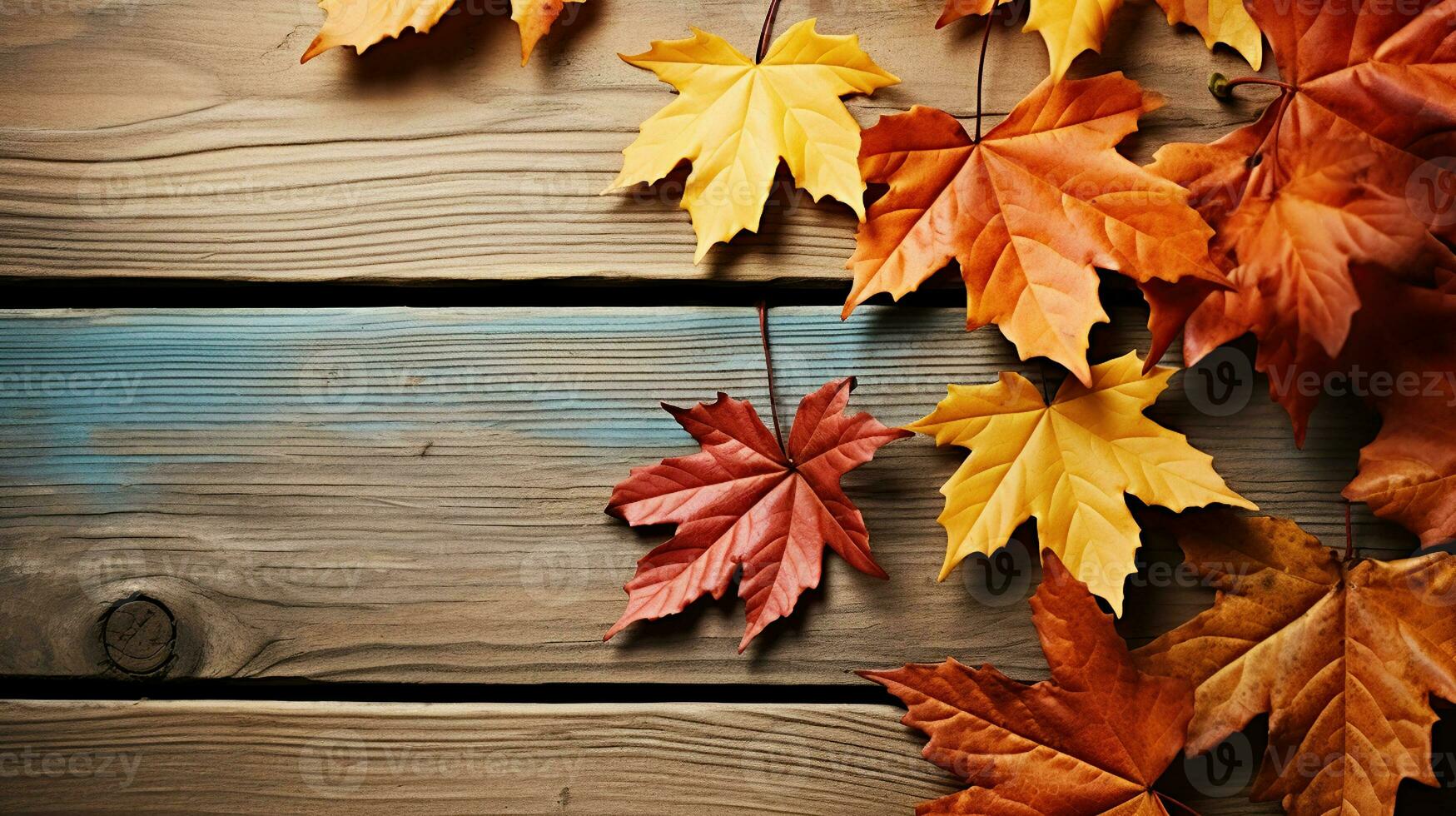 Autumn Leaves over wooden background. Generative AI photo