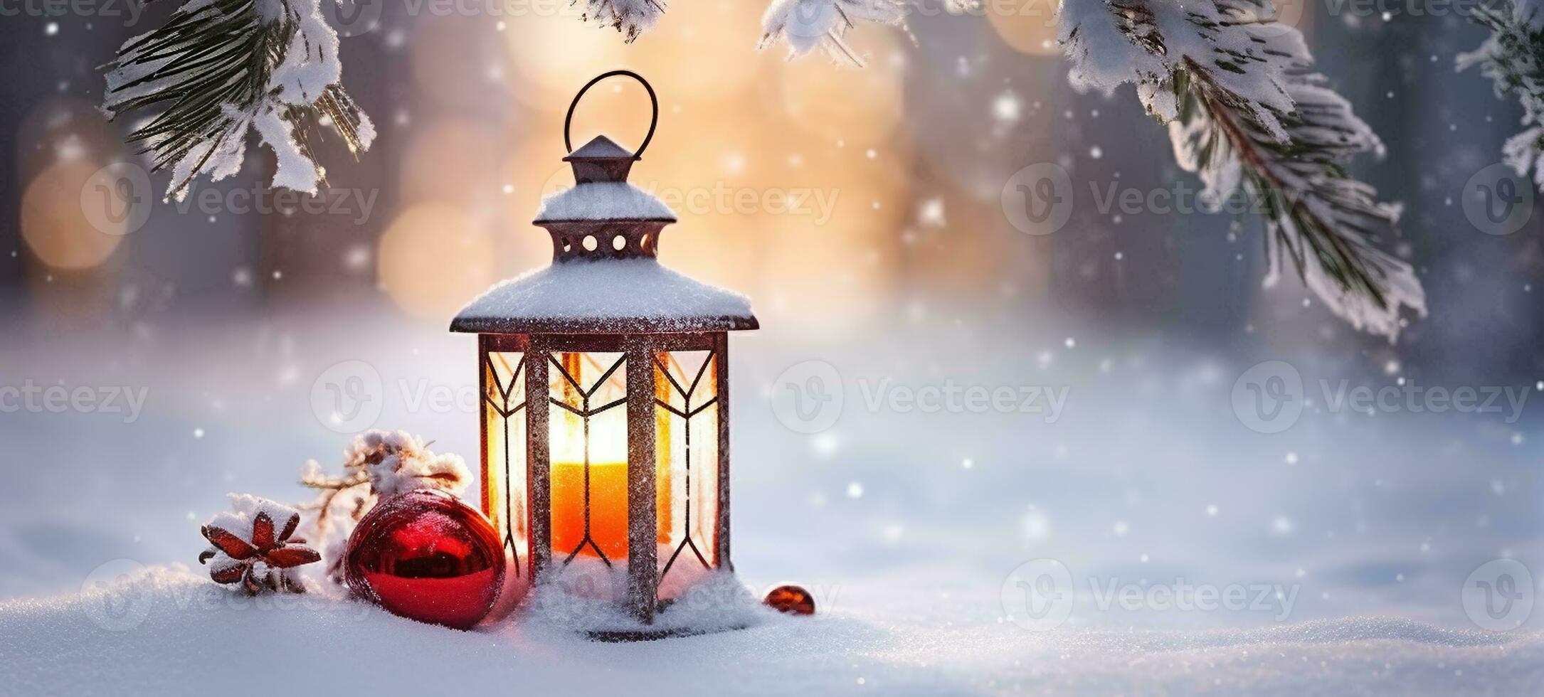 Christmas Lantern On Snow With Fir Branch in the Sunlight. Winter Decoration Background. Generative AI photo