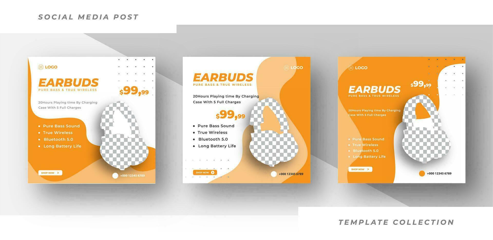 Set of editable square banner templates, Earbuds headphone social media post template. Pro VectorVector vector