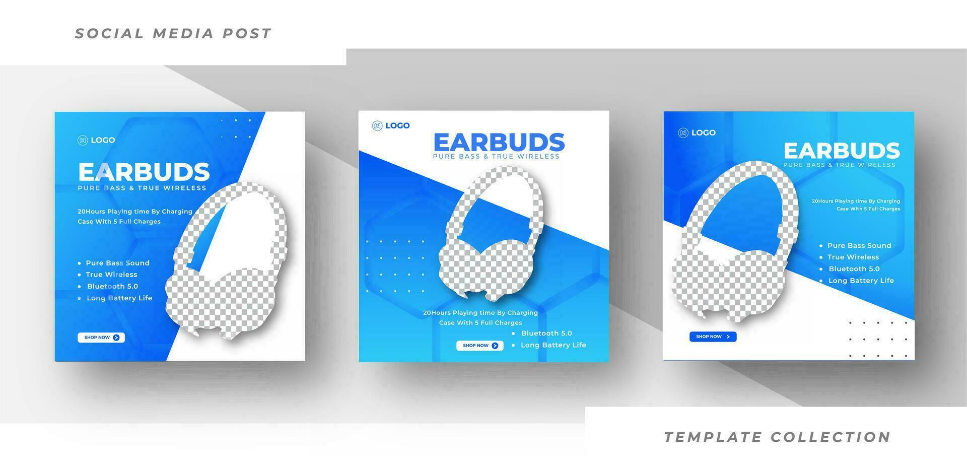 Set of editable square banner templates, Earbuds headphone social media post template, Pro Vector