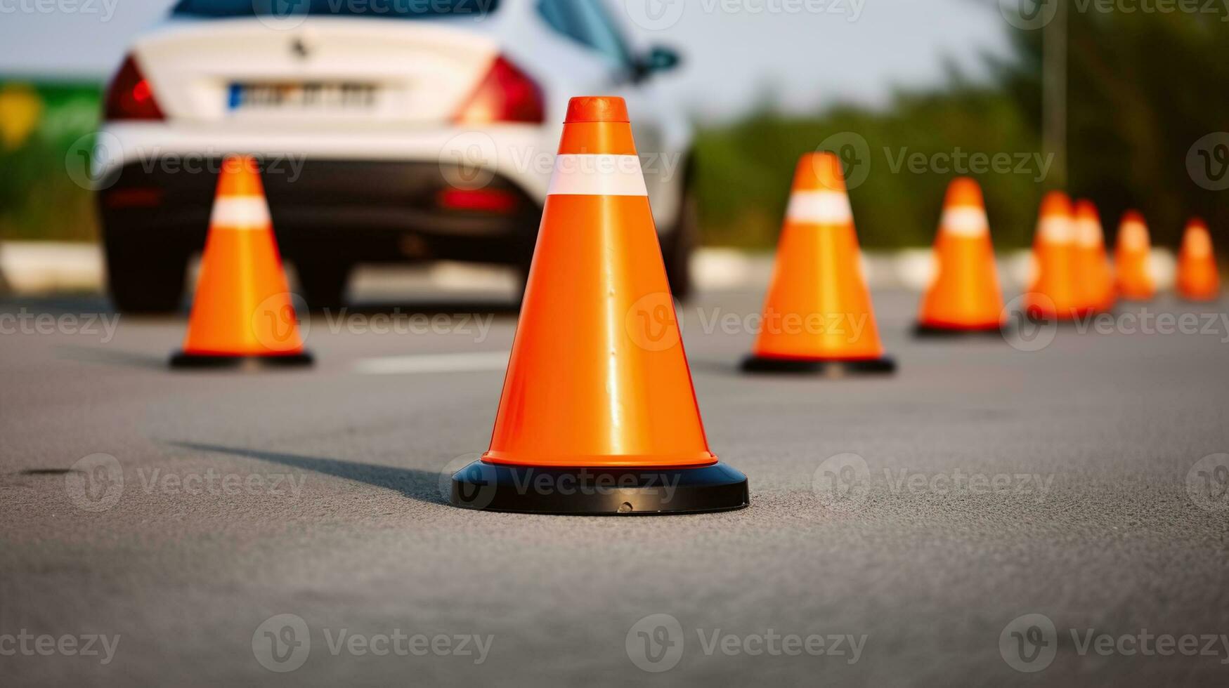 Car and traffic cones, driving school concept, Generative AI photo