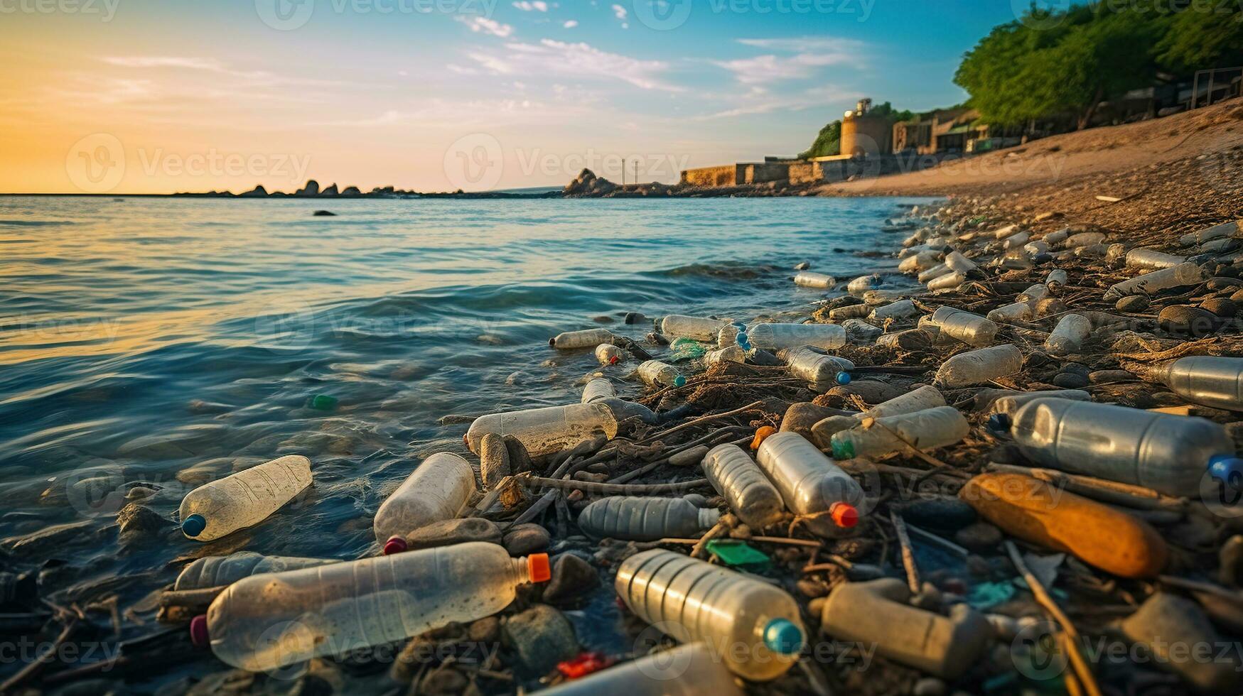 Witnessing the Environmental Impact of a Trash-Laden Shoreline. Generative AI photo