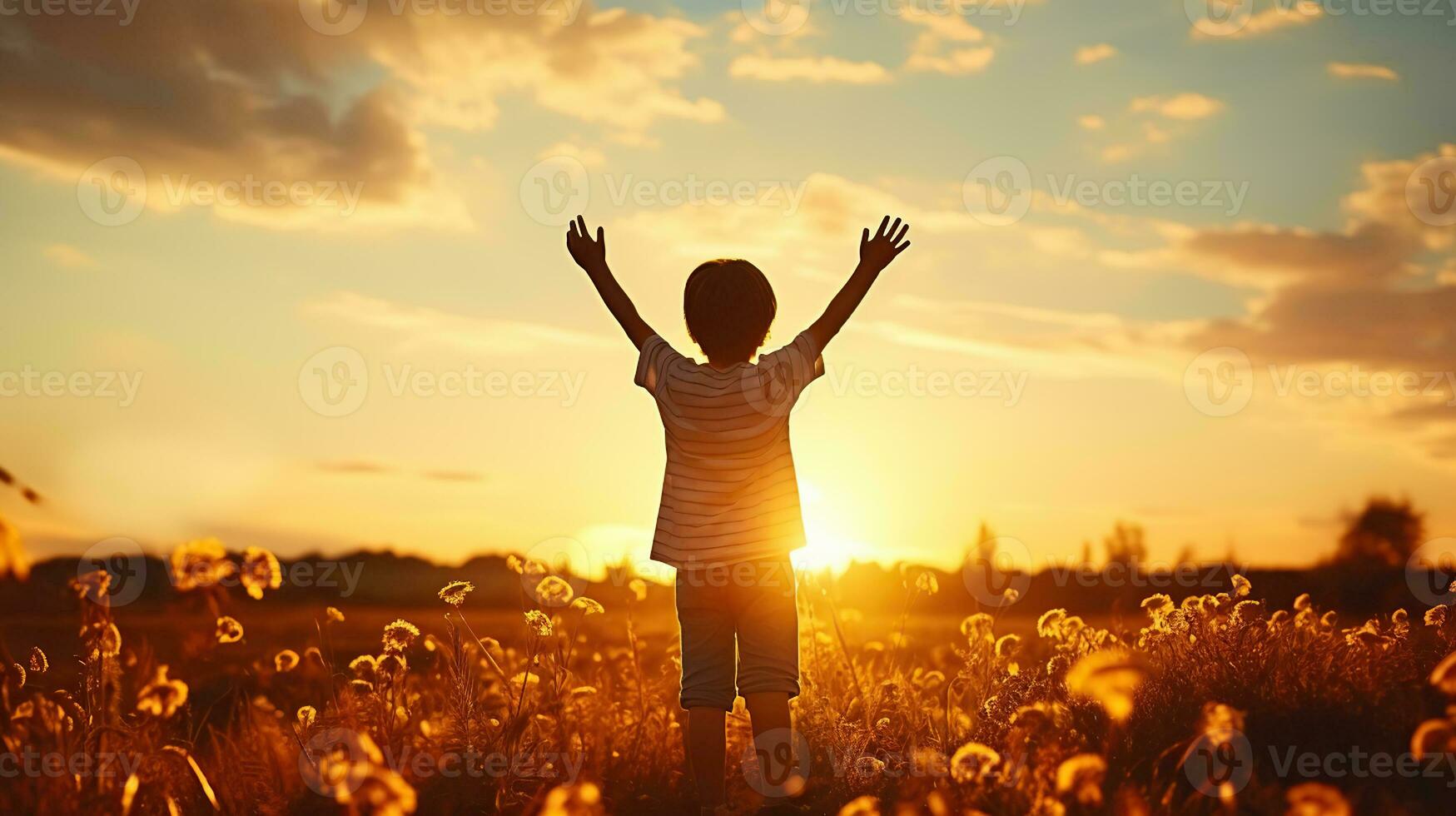 Little boy raising hands over sunset sky, enjoying life and nature. Happy Kid on summer field looking on sun. Generative AI photo