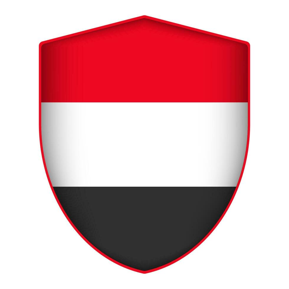 Yemen flag in shield shape. Vector illustration.