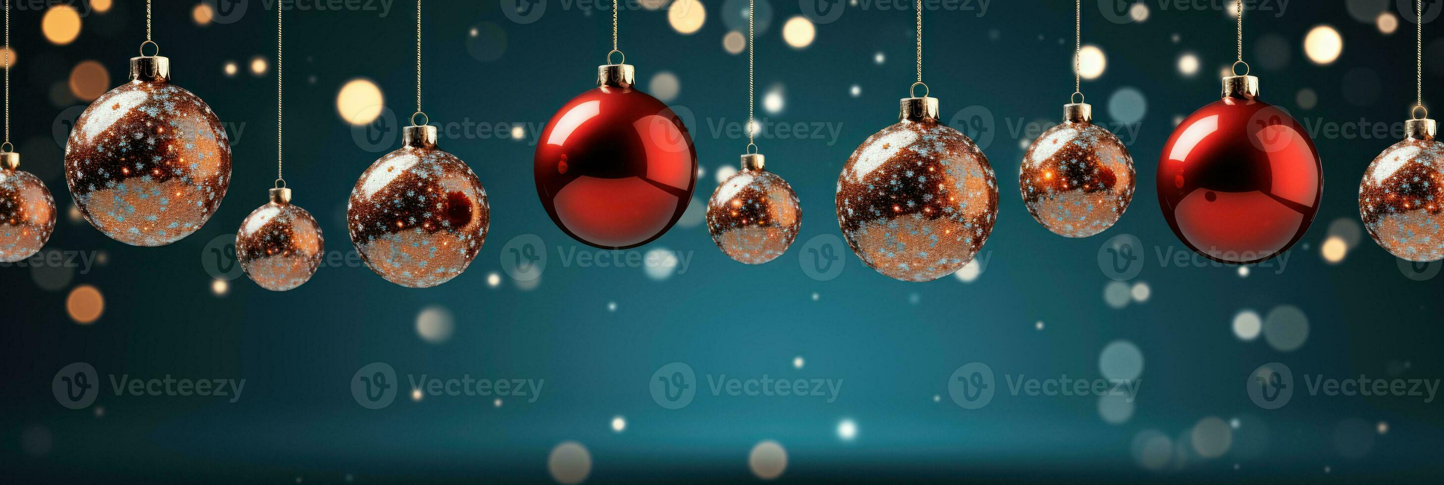 christmas baubles in the snow, holiday balls hanging, christmas background, ai generative photo
