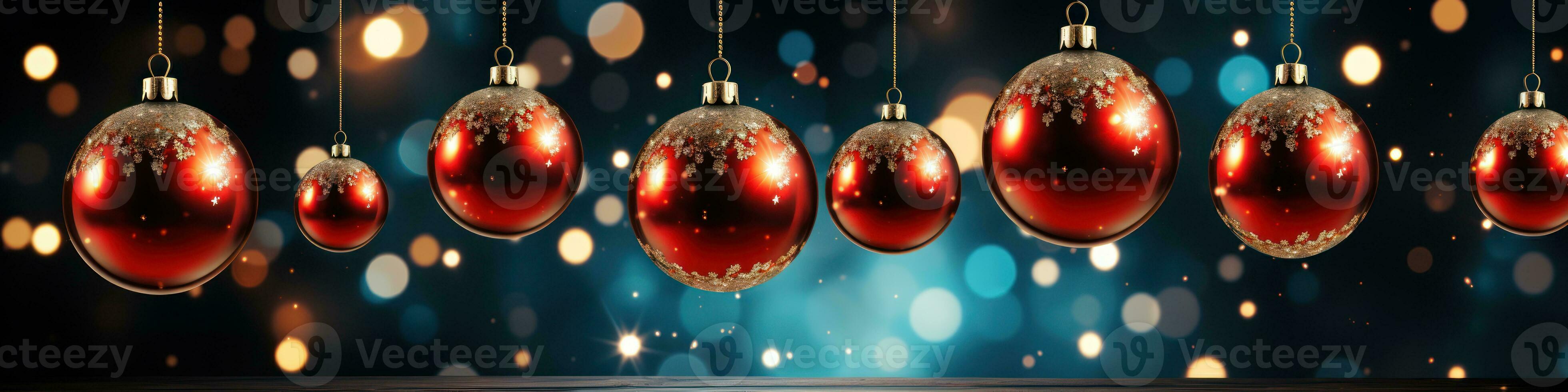 christmas baubles in the snow, holiday balls hanging, christmas background, ai generative photo