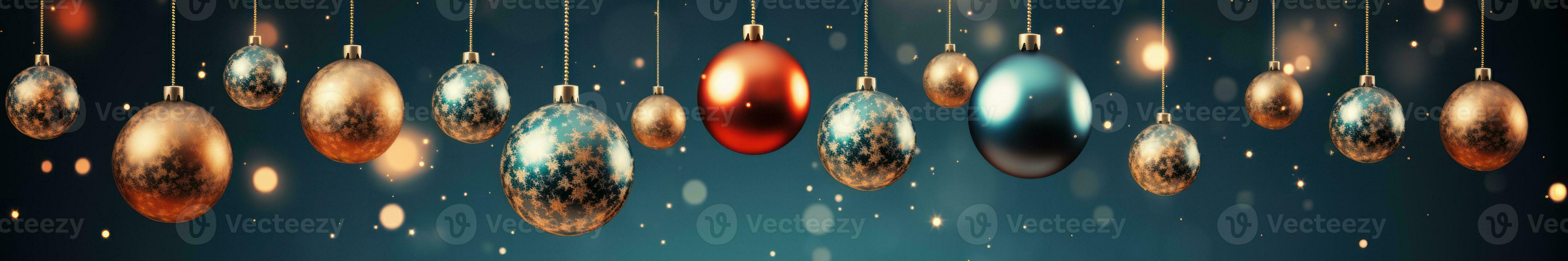christmas baubles in the snow, holiday balls hanging, christmas background, ai generative photo