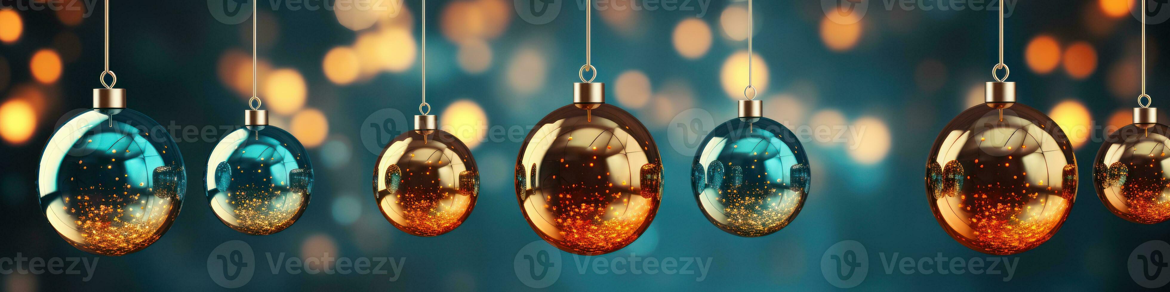christmas baubles in the snow, holiday balls hanging, christmas background, ai generative photo