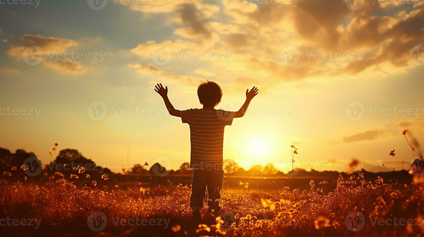 Silhouette of male child in sunlight rays. Fresh air, environment concept. Dream of flying. Generative AI photo