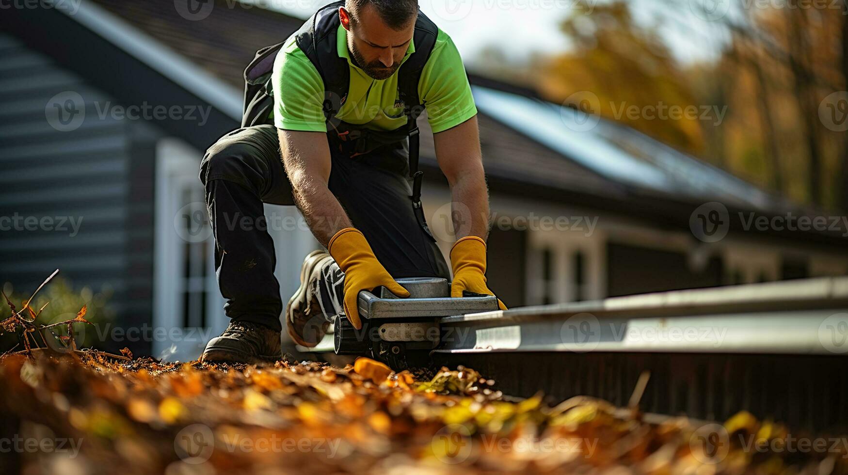 A man worker is cleaning a clogged roof gutter from dirt. Generative AI photo
